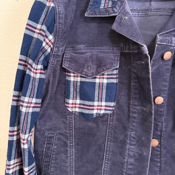 GAP Corduroy Upcycled Trucker Jacket w/Aerosmith Graphic & Flannel Sleeves L - Picture 4 of 12